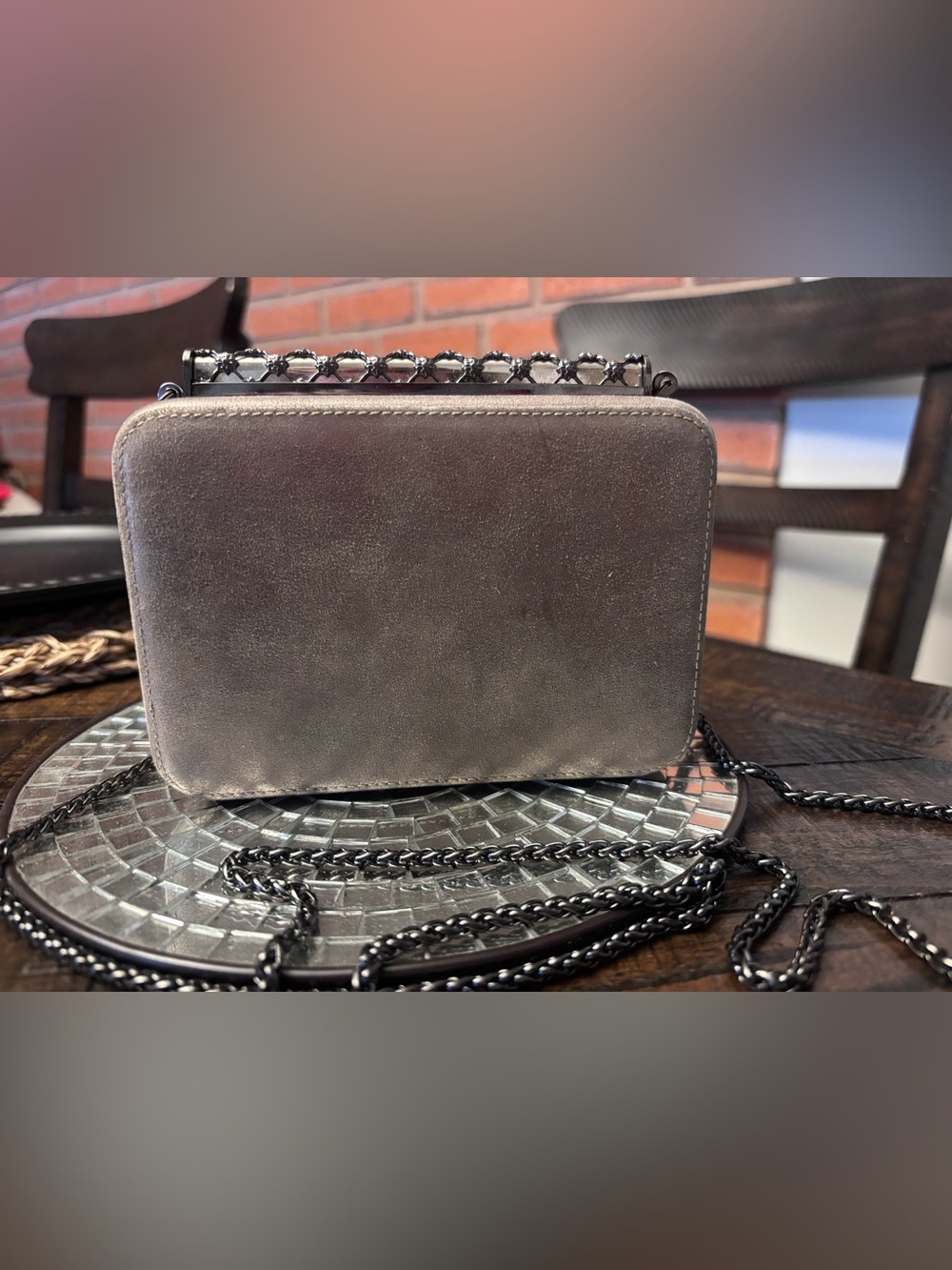 Rodo Mini Box Bag in Gray with Black Chain